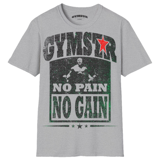 A  silver grey Gymstar t-shirt with a graphic print No Pain No Gain and a bodybuilder in the center, designed for fitness and sports. Front view.