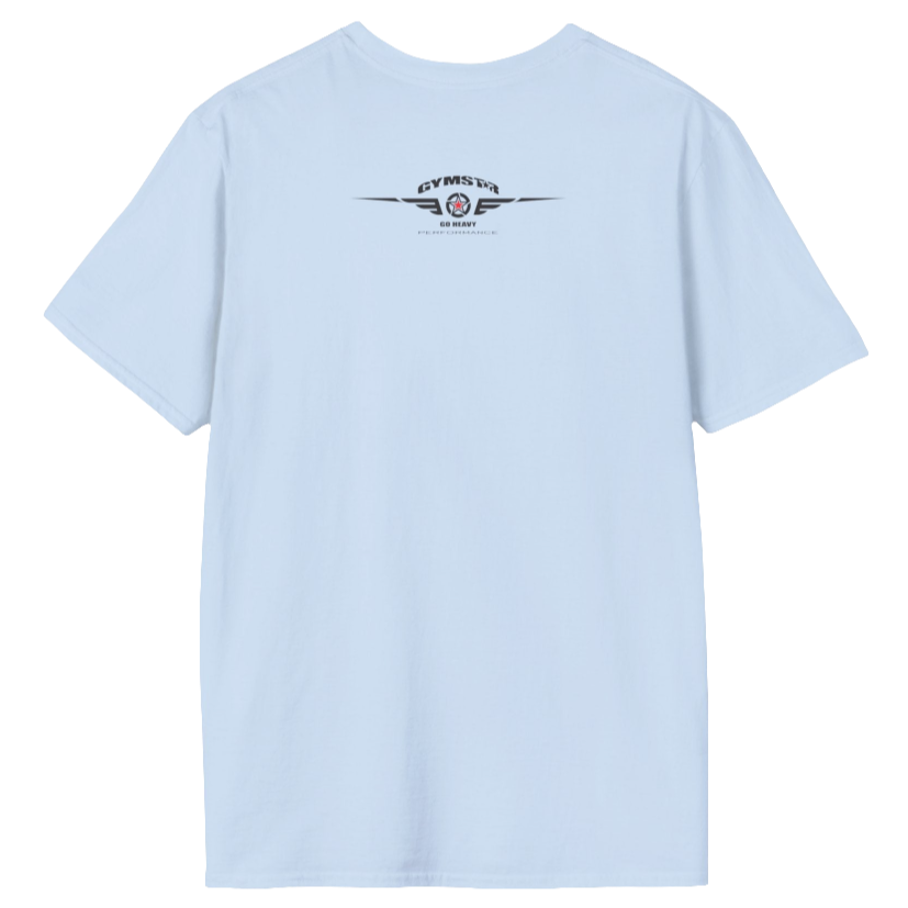 A  carolina blue Gymstar t-shirt with a graphic print No Pain No Gain and a bodybuilder in the center, designed for fitness and sports. Rare view.