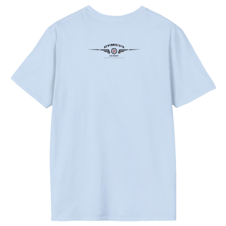 A  carolina blue Gymstar t-shirt with a graphic print No Pain No Gain and a bodybuilder in the center, designed for fitness and sports. Rare view.
