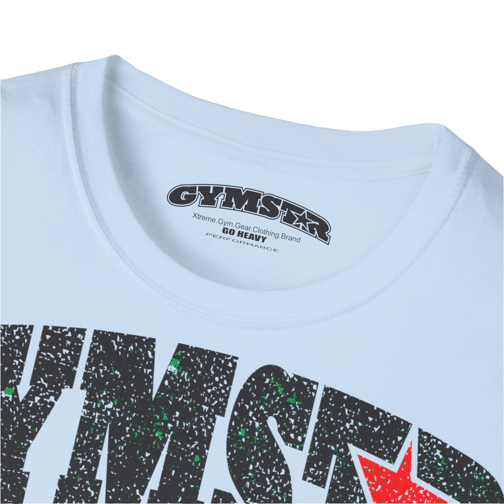 A  carolina blue Gymstar t-shirt with a graphic print No Pain No Gain and a bodybuilder in the center, designed for fitness and sports. Front logo close up view.
