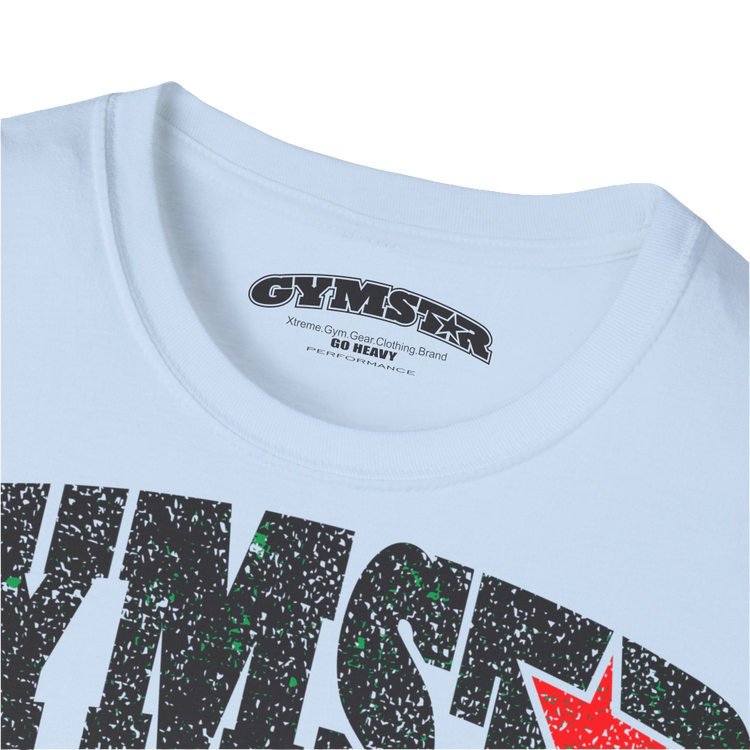 A  carolina blue Gymstar t-shirt with a graphic print No Pain No Gain and a bodybuilder in the center, designed for fitness and sports. Front logo close up view.