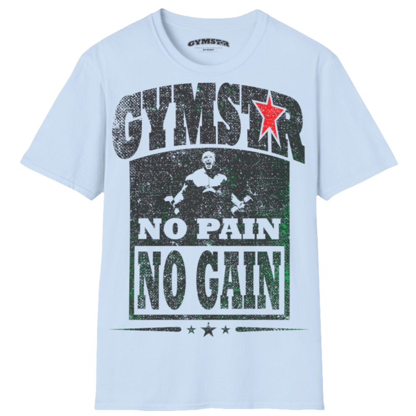 A  carolina blue Gymstar t-shirt with a graphic print No Pain No Gain and a bodybuilder in the center, designed for fitness and sports. Front view.