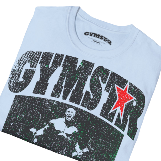 A  carolina blue Gymstar t-shirt with a graphic print No Pain No Gain and a bodybuilder in the center, designed for fitness and sports. Front  close up view.