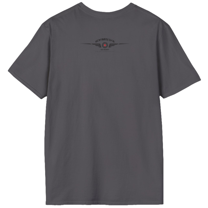A  silver grey Gymstar t-shirt with a graphic print No Pain No Gain and a bodybuilder in the center, designed for fitness and sports. Rear view.