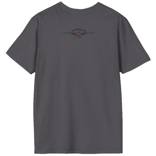 A  silver grey Gymstar t-shirt with a graphic print No Pain No Gain and a bodybuilder in the center, designed for fitness and sports. Rear view.
