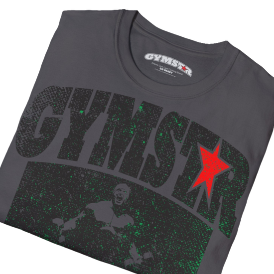 A  sport grey Gymstar t-shirt with a graphic print No Pain No Gain and a bodybuilder in the center, designed for fitness and sports. Front  close up view.