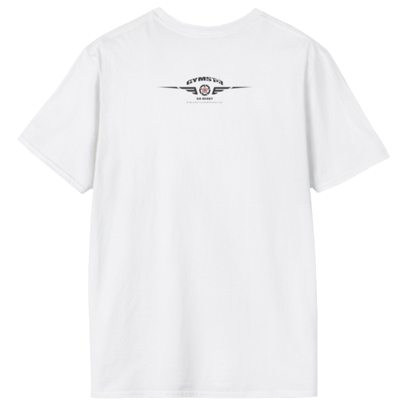 A  white Gymstar t-shirt with a graphic print No Pain No Gain and a bodybuilder in the center, designed for fitness and sports. Rare view.