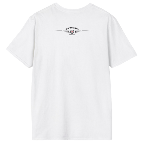 A  white Gymstar t-shirt with a graphic print No Pain No Gain and a bodybuilder in the center, designed for fitness and sports. Rare view.