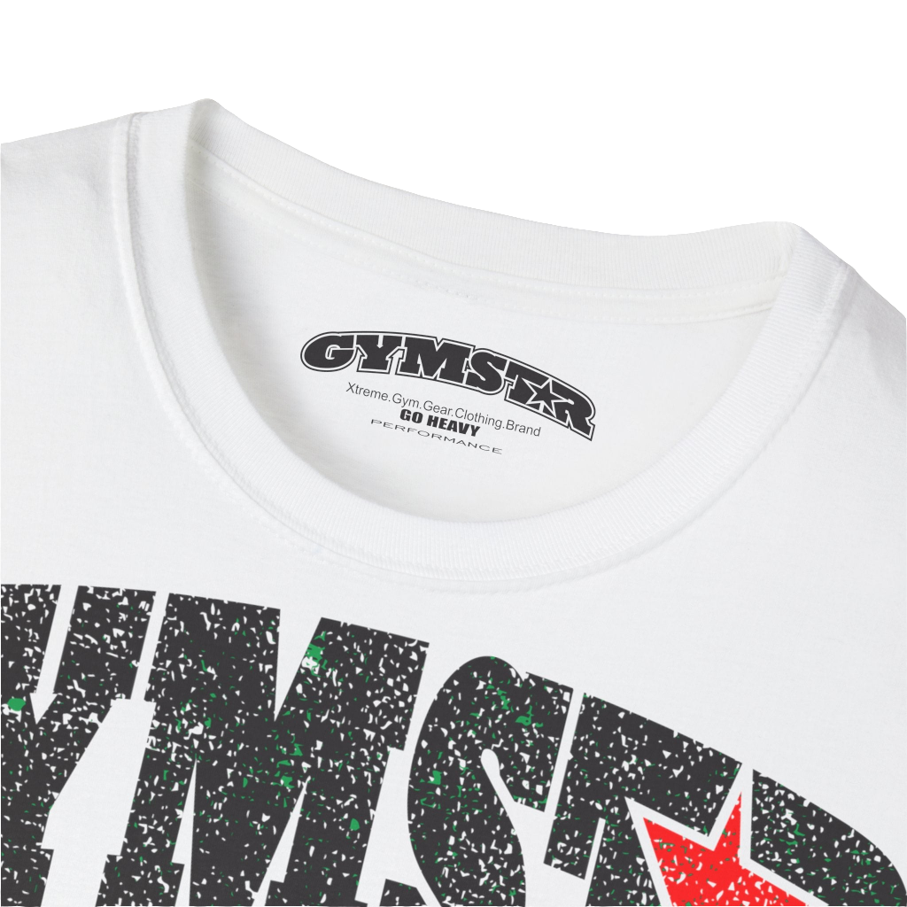 A  white Gymstar t-shirt with a graphic print No Pain No Gain and a bodybuilder in the center, designed for fitness and sports. Front logo close up view.