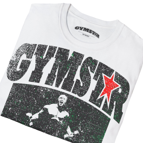 A  white Gymstar t-shirt with a graphic print No Pain No Gain and a bodybuilder in the center, designed for fitness and sports. Front close up view.