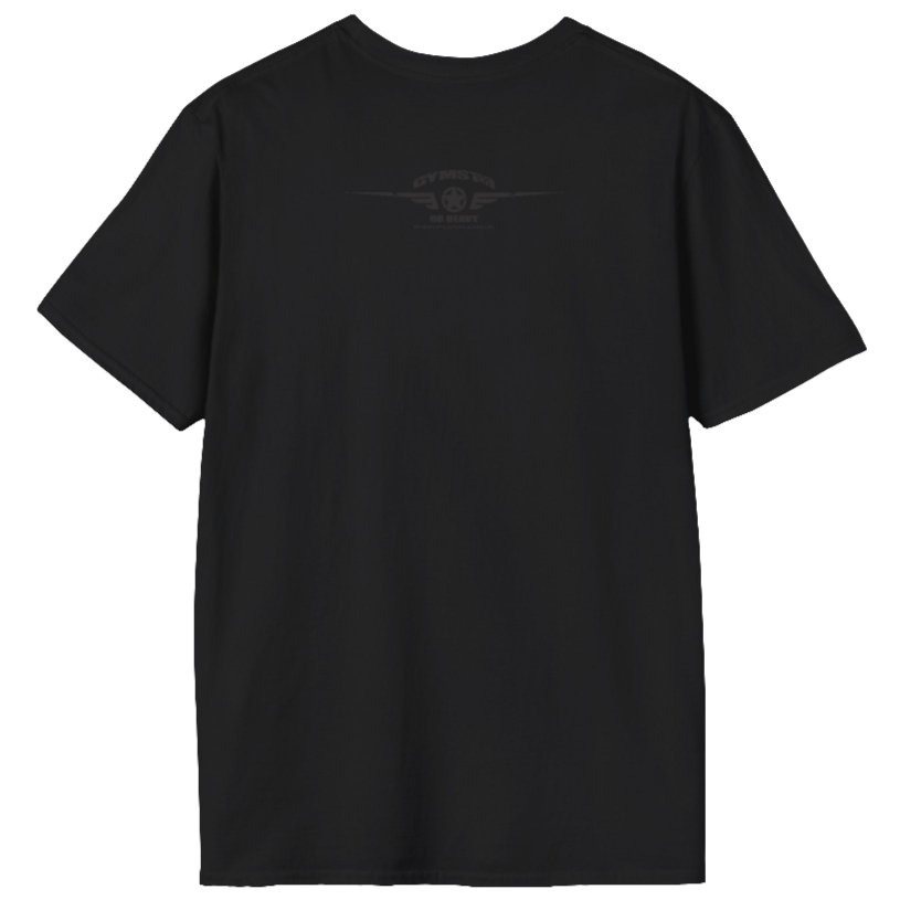 A  black Gymstar t-shirt with a graphic print No Pain No Gain in the center, designed for fitness and sports. Rare logo close up view.