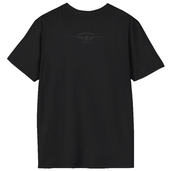 A  black Gymstar t-shirt with a graphic print No Pain No Gain in the center, designed for fitness and sports. Rare logo close up view.