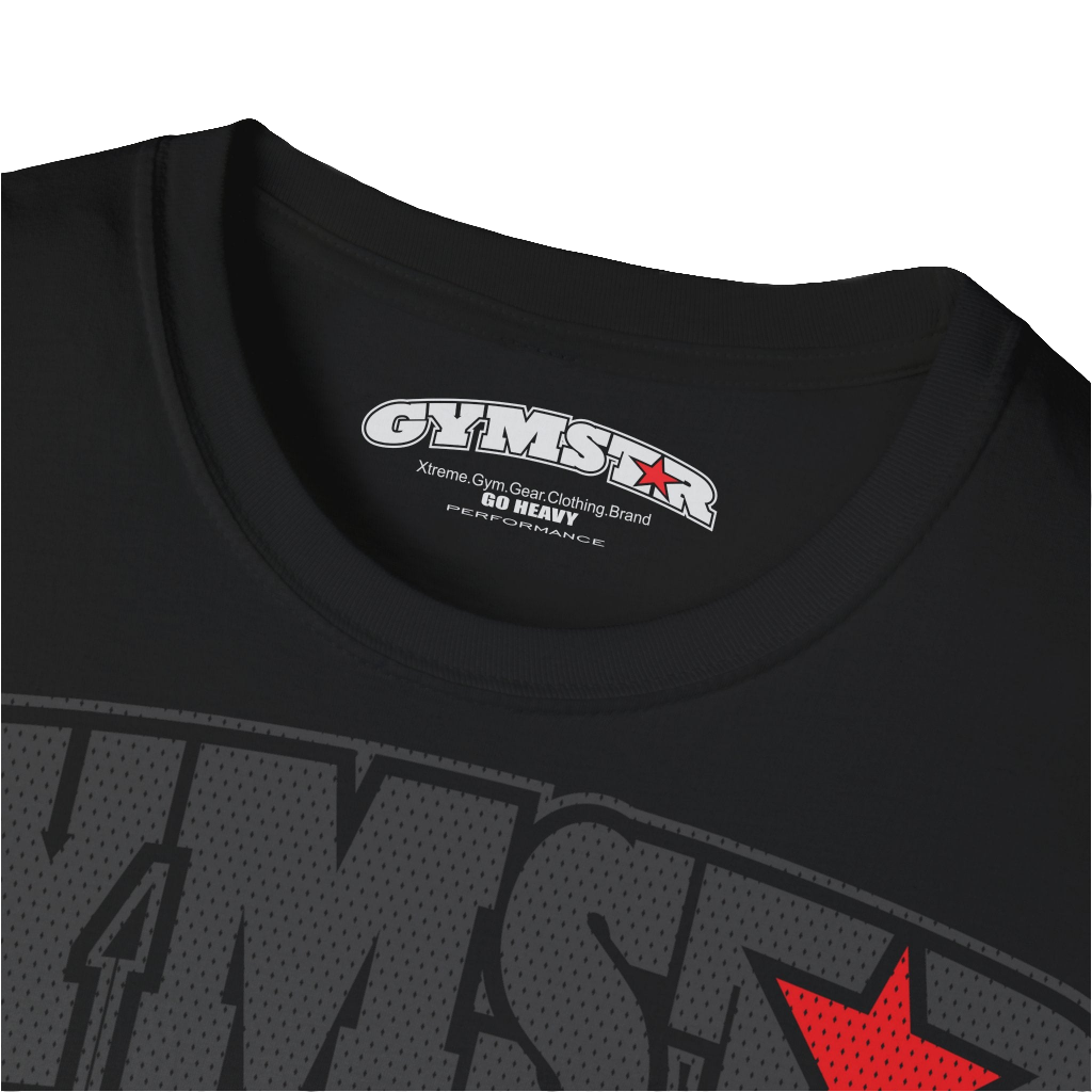 A  black Gymstar t-shirt with a graphic print No Pain No Gain in the center, designed for fitness and sports. Front logo close up view.