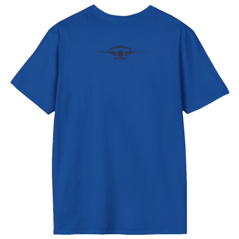 A  blue Gymstar t-shirt with a graphic print No Pain No Gain in the center, designed for fitness and sports. Rare close up view.