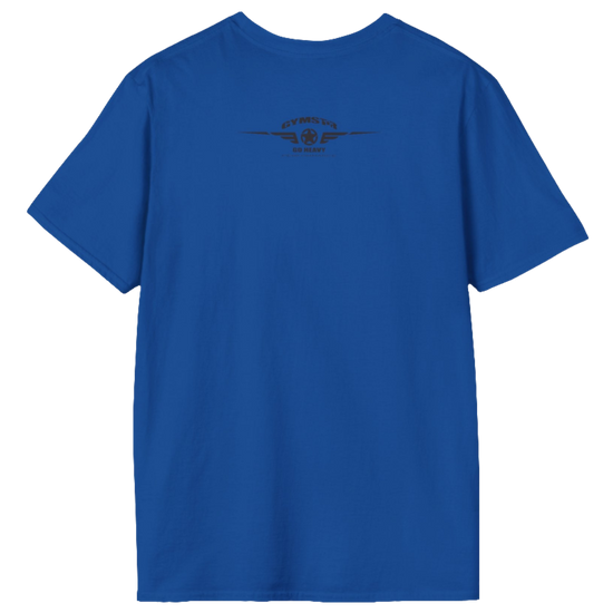 A  blue Gymstar t-shirt with a graphic print No Pain No Gain in the center, designed for fitness and sports. Rare close up view.
