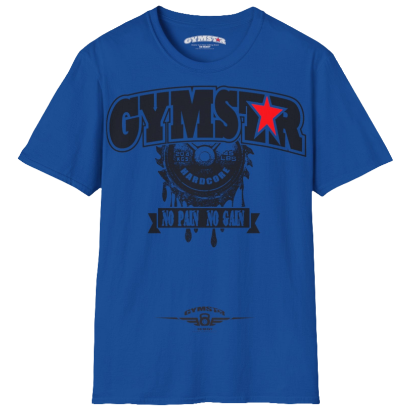 A blue Gymstar t-shirt with a graphic print No Pai No Gain in the center, designed for fitness and sports. Front  view.