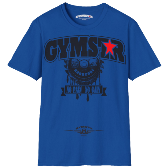 A blue Gymstar t-shirt with a graphic print No Pai No Gain in the center, designed for fitness and sports. Front  view.