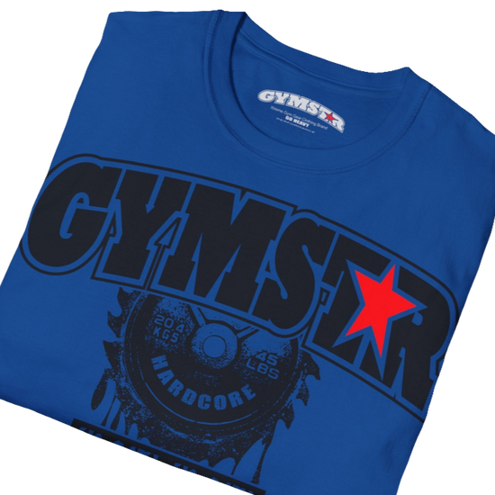 A  blue Gymstar t-shirt with a graphic print No Pain No Gain in the center, designed for fitness and sports. Front  close up view.