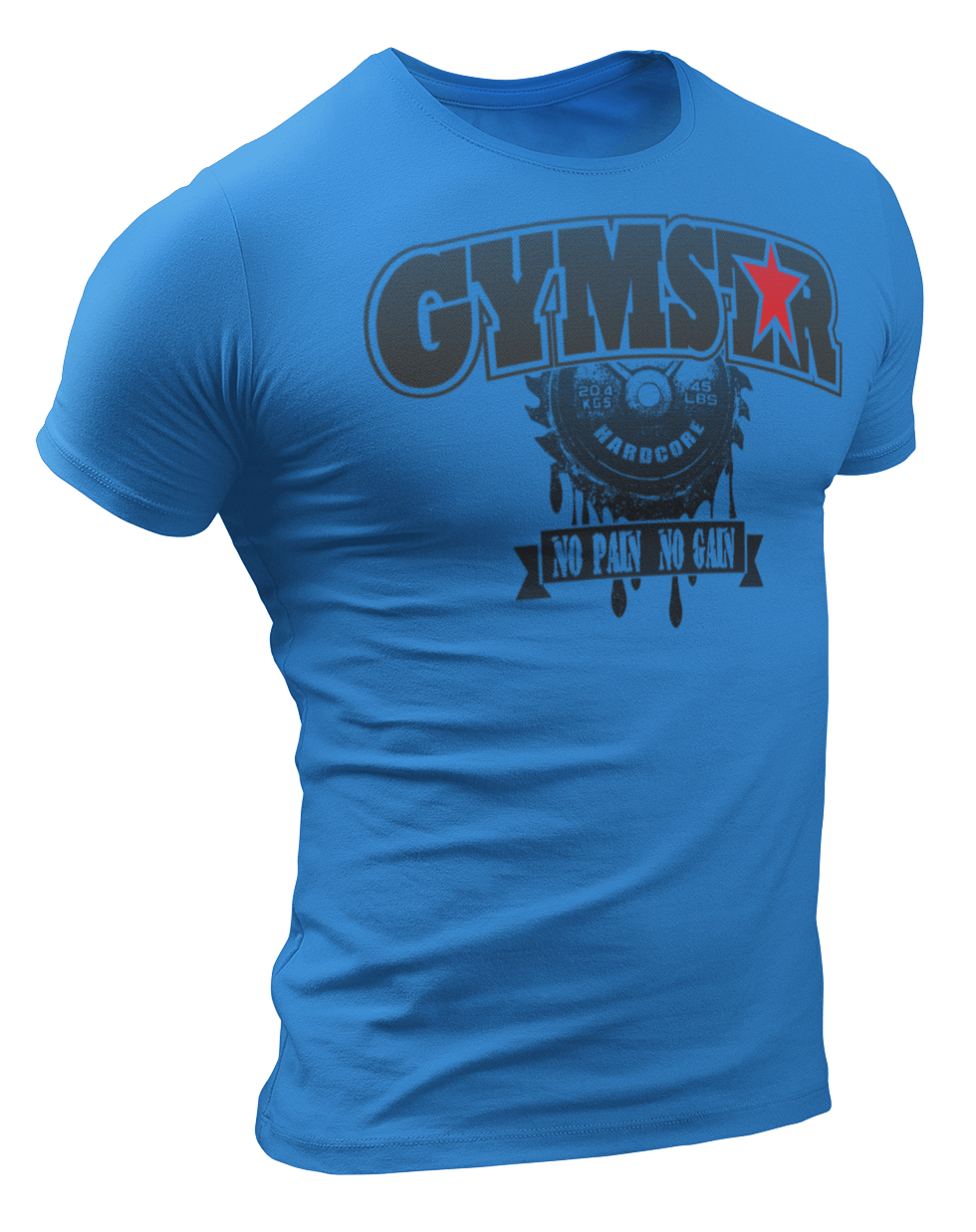 A sporty, blue Gymstar t-shirt with a No Pain No Gain motivational design and a barbell weight in the middle. Close-up front view.