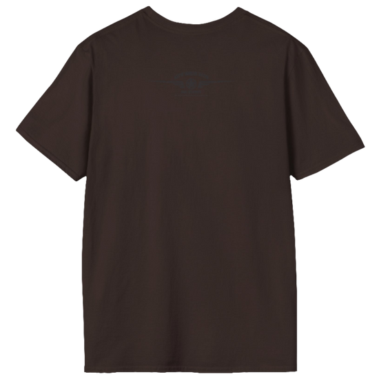 A brown Gymstar t-shirt with a graphic print No Pain No Gain in the center, designed for fitness and sports. Rare logo close up view.