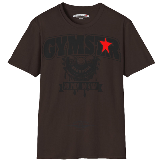 A sport brown Gymstar t-shirt with a graphic print No Pai No Gain in the center, designed for fitness and sports. Front  view.