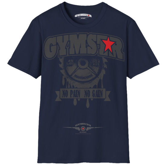 A navy blue Gymstar t-shirt with a graphic print No Pai No Gain in the center, designed for fitness and sports. Front  view.
