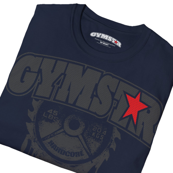 A navy blue Gymstar t-shirt with a graphic print No Pai No Gain in the center, designed for fitness and sports. Front  close up view.