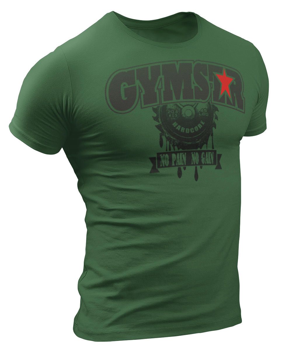 A sporty, green Gymstar t-shirt with a No Pain No Gain motivational design and a barbell weight in the middle. Close-up front view.