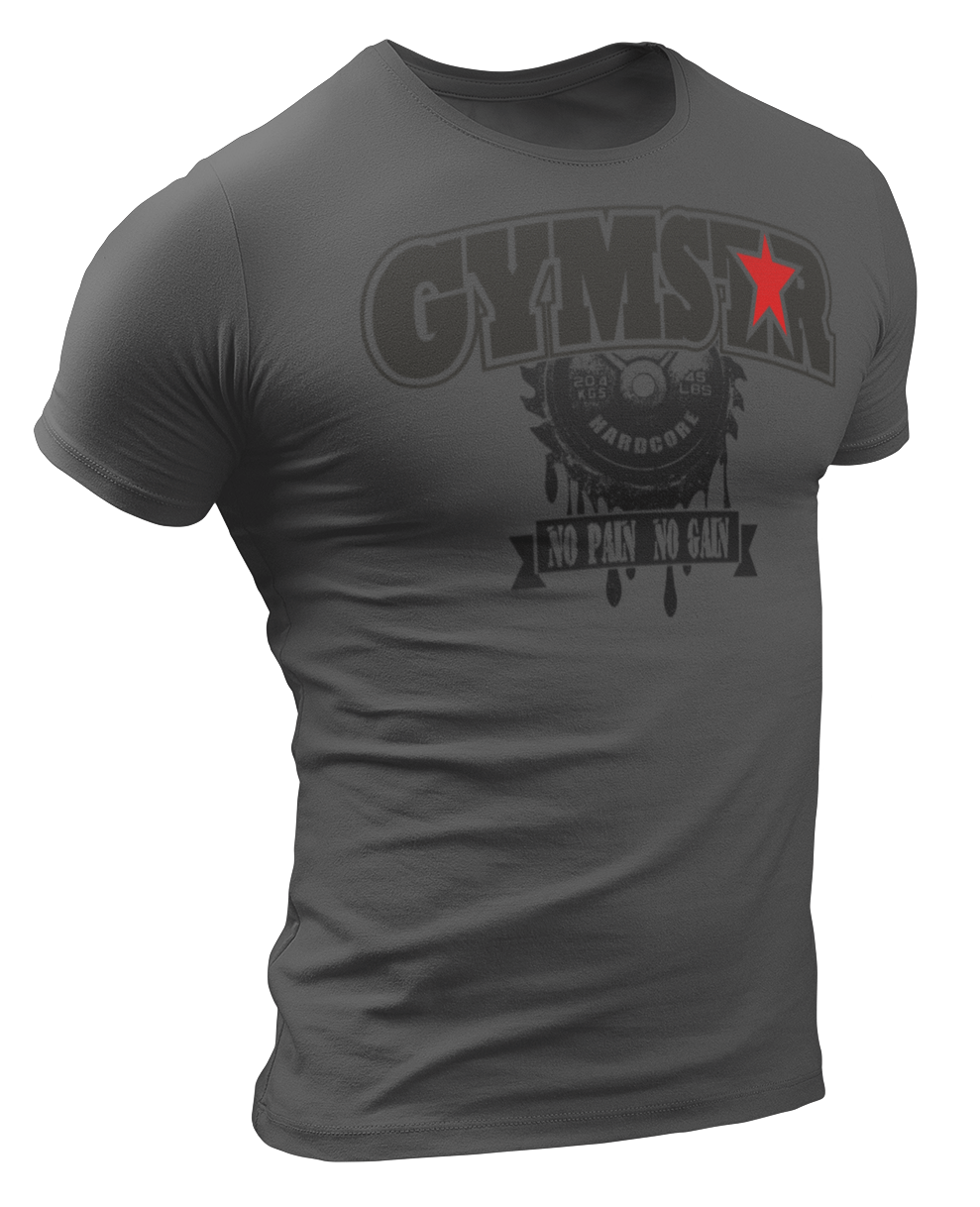 A sporty, grey Gymstar t-shirt with a No Pain No Gain motivational design and a barbell weight in the middle. Close-up front view.