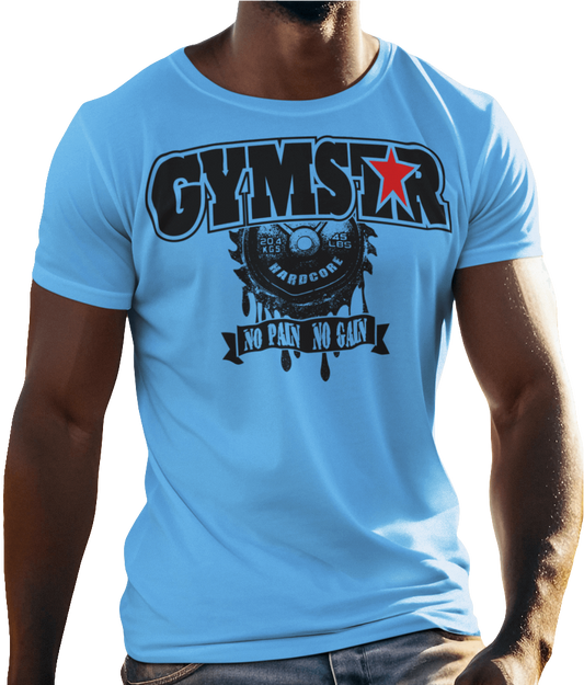 A  blue Gymstar t-shirt with a graphic print No Pain No Gain in the center, designed for fitness and sports. Front  view.