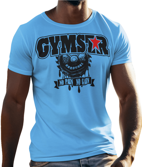 A  blue Gymstar t-shirt with a graphic print No Pain No Gain in the center, designed for fitness and sports. Front  view.