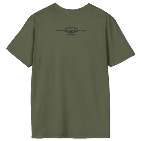 A  military green Gymstar t-shirt with a graphic print No Pain No Gain in the center, designed for fitness and sports. Rare logo close up view.