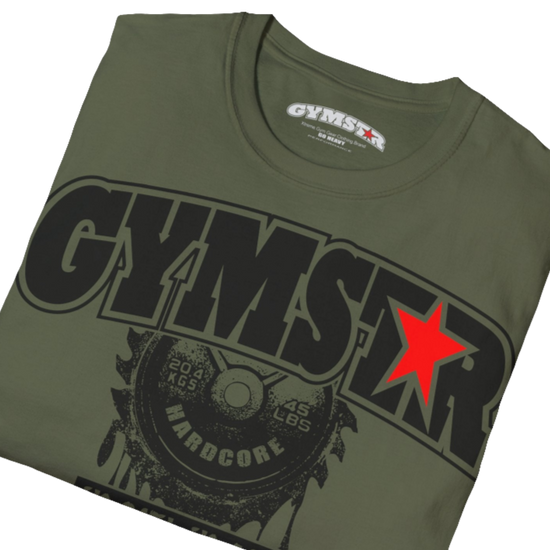 A  military green Gymstar t-shirt with a graphic print No Pain No Gain in the center, designed for fitness and sports. Front  close up view.
