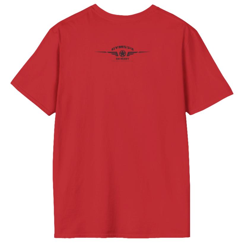 A  red Gymstar t-shirt with a graphic print No Pain No Gain in the center, designed for fitness and sports. Rare logo close up view.