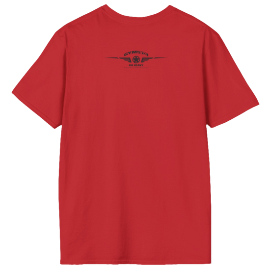 A  red Gymstar t-shirt with a graphic print No Pain No Gain in the center, designed for fitness and sports. Rare logo close up view.