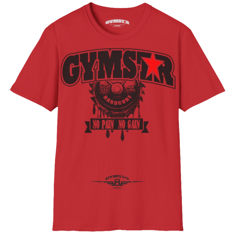 A red Gymstar t-shirt with a graphic print No Pai No Gain in the center, designed for fitness and sports. Front  view.