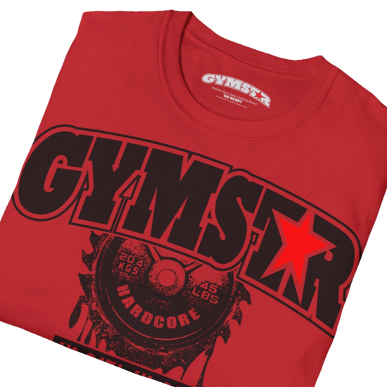 A  red Gymstar t-shirt with a graphic print No Pain No Gain in the center, designed for fitness and sports. Front  close up view.