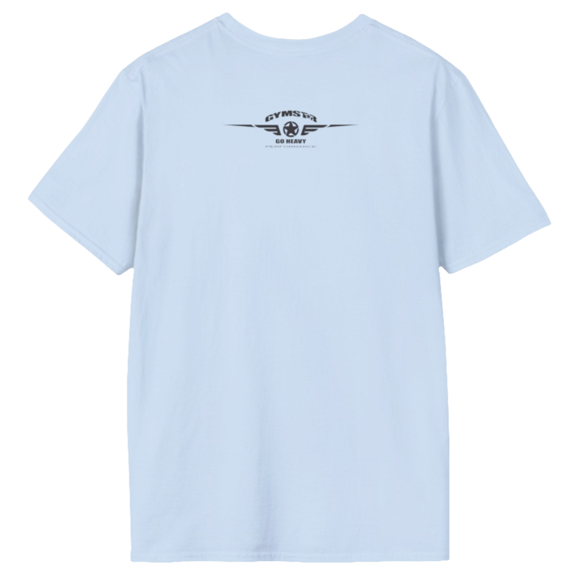 A light blue Gymstar t-shirt with a graphic print No Pain No Gain in the center, designed for fitness and sports. Rare logo close up view.
