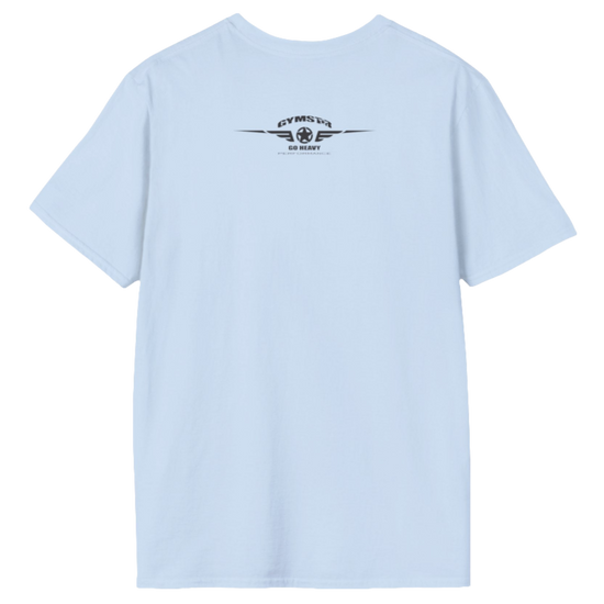 A light blue Gymstar t-shirt with a graphic print No Pain No Gain in the center, designed for fitness and sports. Rare logo close up view.