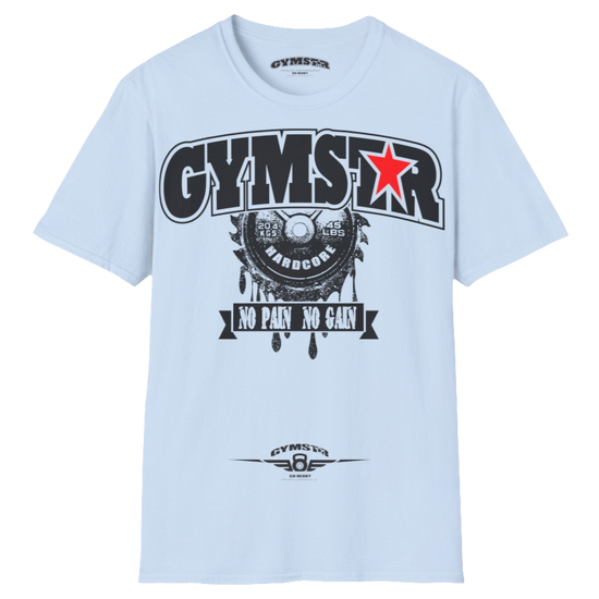 A carolina blue Gymstar t-shirt with a graphic print No Pai No Gain in the center, designed for fitness and sports. Front  view.