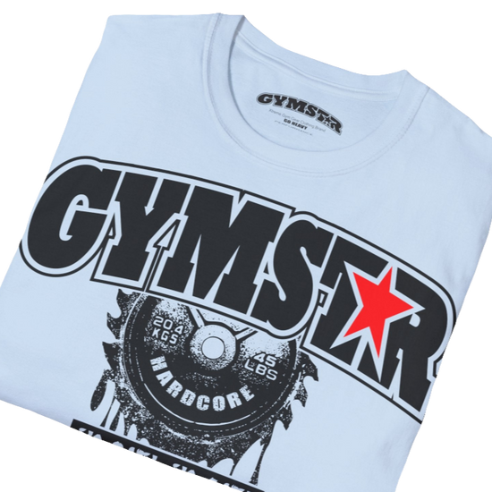 A light blue Gymstar t-shirt with a graphic print No Pain No Gain in the center, designed for fitness and sports. Front  close up view.