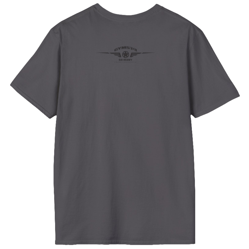 A sport grey Gymstar t-shirt with a graphic print No Pain No Gain in the center, designed for fitness and sports. Rare logo close up view.