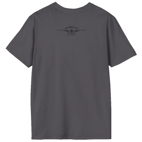 A sport grey Gymstar t-shirt with a graphic print No Pain No Gain in the center, designed for fitness and sports. Rare logo close up view.