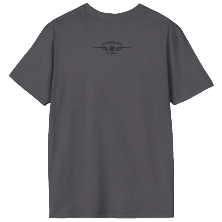 A sport grey Gymstar t-shirt with a graphic print No Pain No Gain in the center, designed for fitness and sports. Rare logo close up view.
