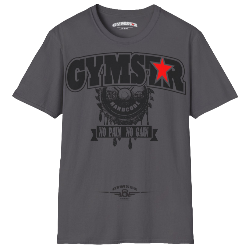 A sport grey Gymstar t-shirt with a graphic print No Pai No Gain in the center, designed for fitness and sports. Front  view.