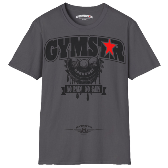 A sport grey Gymstar t-shirt with a graphic print No Pai No Gain in the center, designed for fitness and sports. Front  view.