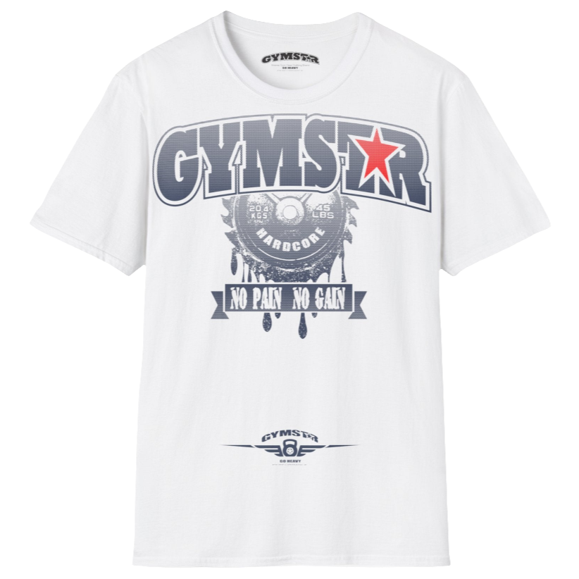 A white Gymstar t-shirt with a graphic print No Pai No Gain in the center, designed for fitness and sports. Front  view.