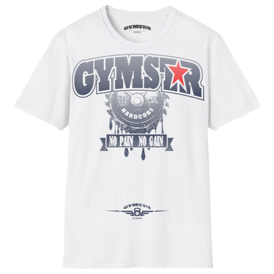 A white Gymstar t-shirt with a graphic print No Pai No Gain in the center, designed for fitness and sports. Front  view.