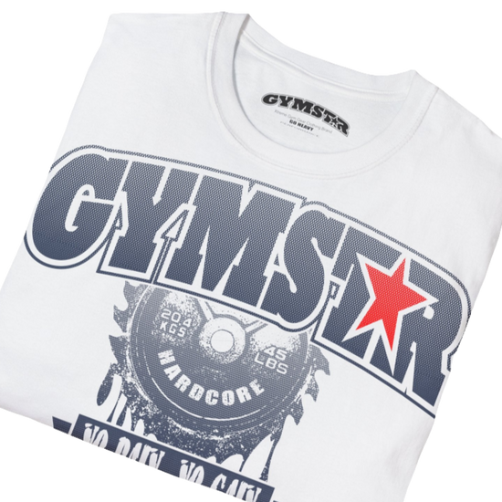 A  white Gymstar t-shirt with a graphic print No Pain No Gain in the center, designed for fitness and sports. Front  close up view.