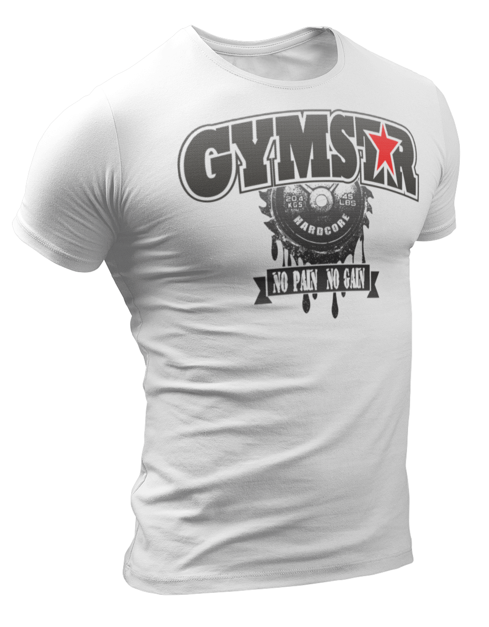 A sporty, white Gymstar t-shirt with a No Pain No Gain motivational design and a barbell weight in the middle. Close-up front view.